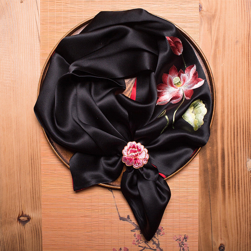 Double-Sided Lotus Silk Scarf with Ring