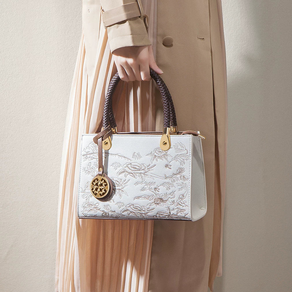 Brown and White Embroidered Handbag