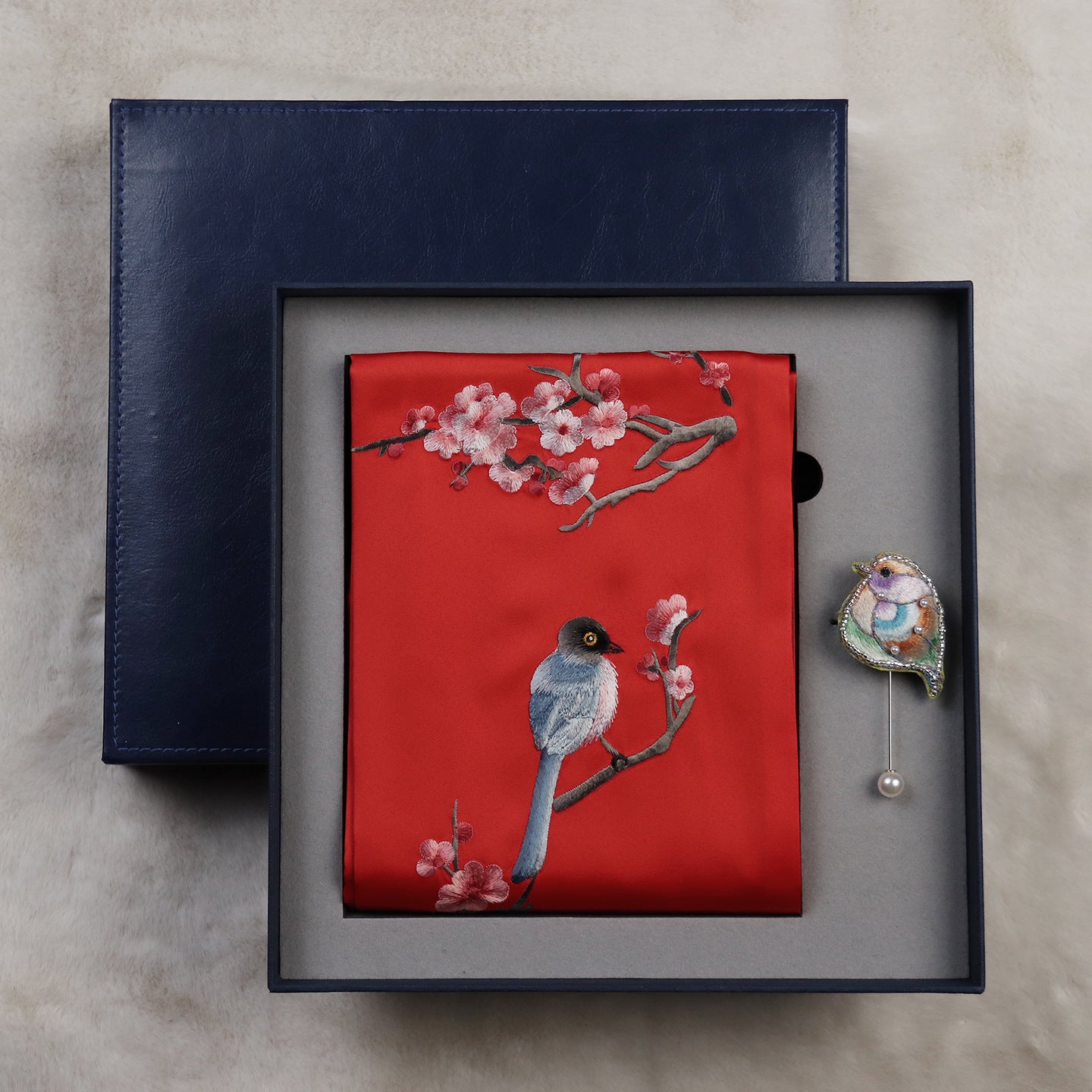 Magpie and Plum Silk Scarf with Brooch