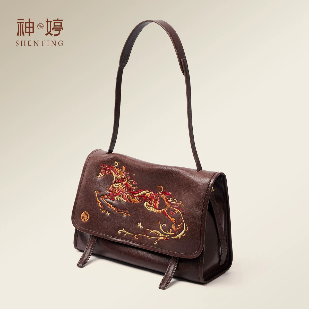 Embroidered Leather Messenger Bag