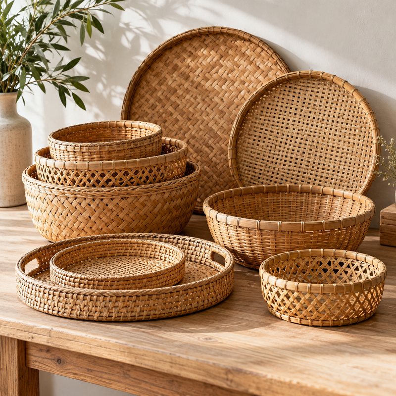 Stack of handwoven bamboo baskets and trays on a wooden table