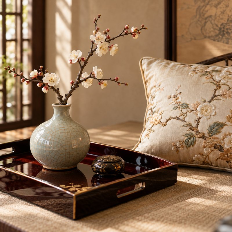Chinese style home decor with blossom branch and embroidered cushion