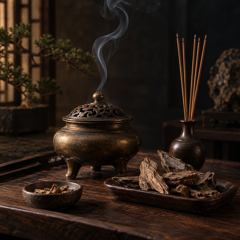 Bronze incense burner with smoke and incense sticks