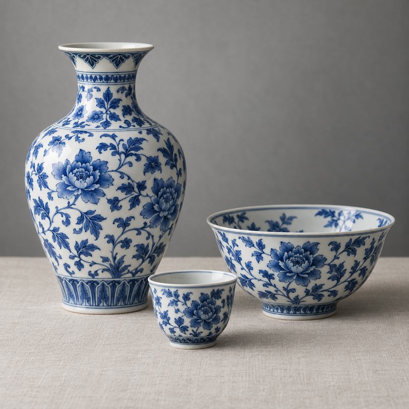 Blue and white porcelain vase and bowls on a table