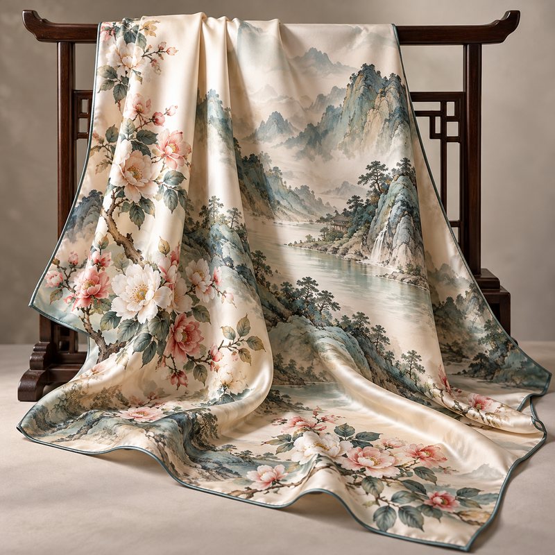 Silk scarf with Chinese landscape print draped over a chair