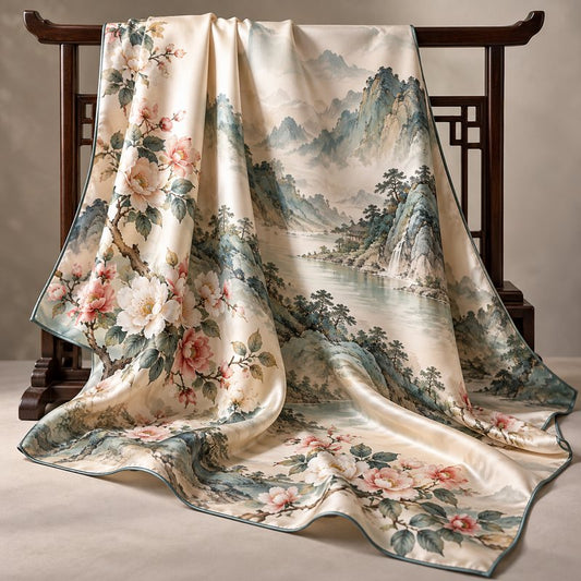 Silk scarf with Chinese landscape print draped over a chair