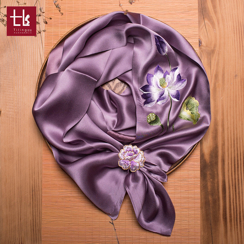 Double-Sided Lotus Silk Scarf with Ring