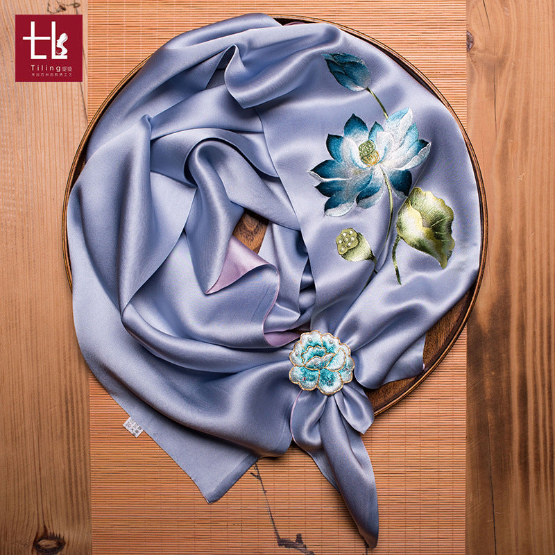 Double-Sided Lotus Silk Scarf with Ring