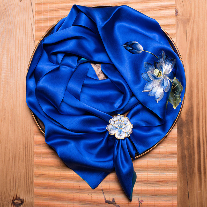 Double-Sided Lotus Silk Scarf with Ring