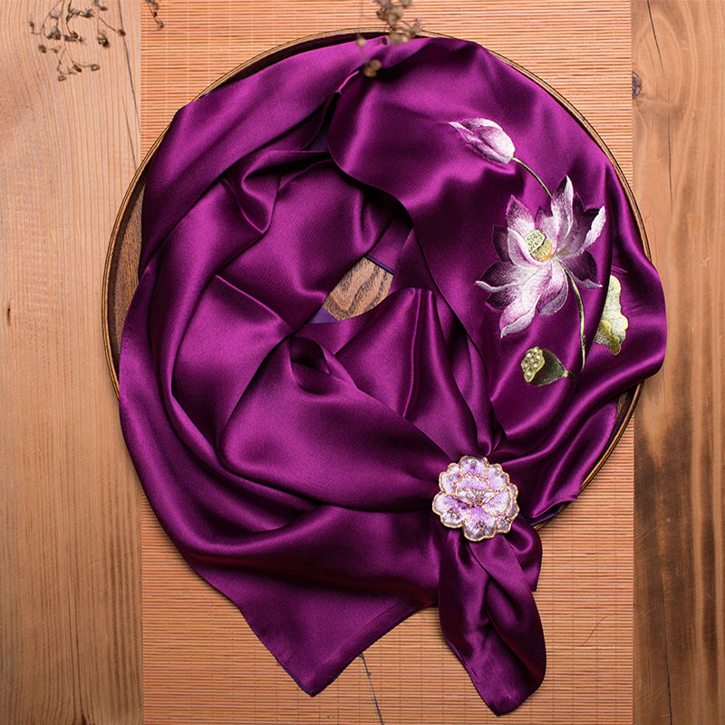 Double-Sided Lotus Silk Scarf with Ring