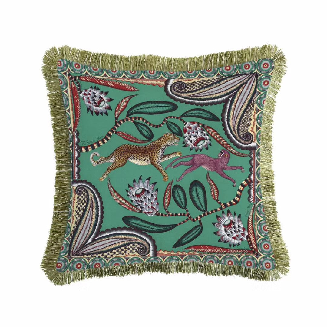 Art Leopard and Monkey Printed Tassel Sofa Throw Pillow, Luxe European