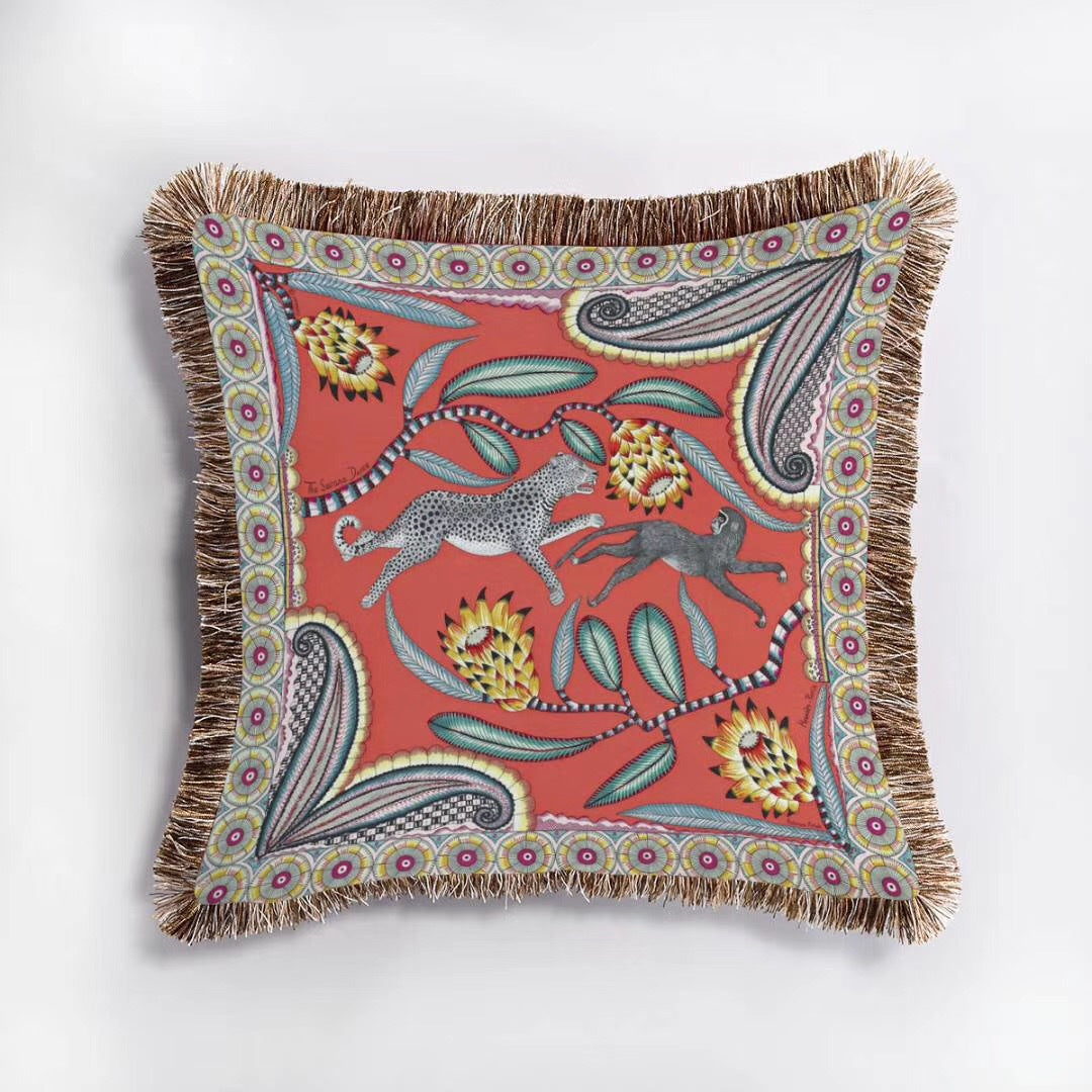 Art Leopard and Monkey Printed Tassel Sofa Throw Pillow, Luxe European