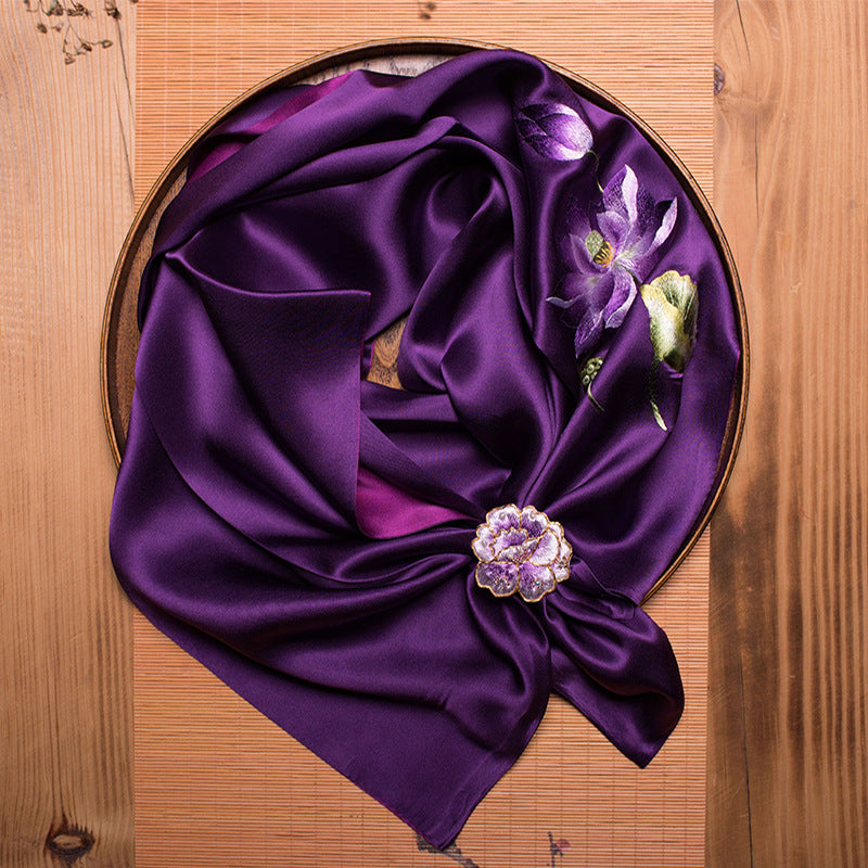 Double-Sided Lotus Silk Scarf with Ring
