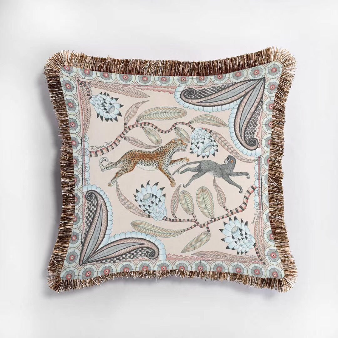 Art Leopard and Monkey Printed Tassel Sofa Throw Pillow, Luxe European