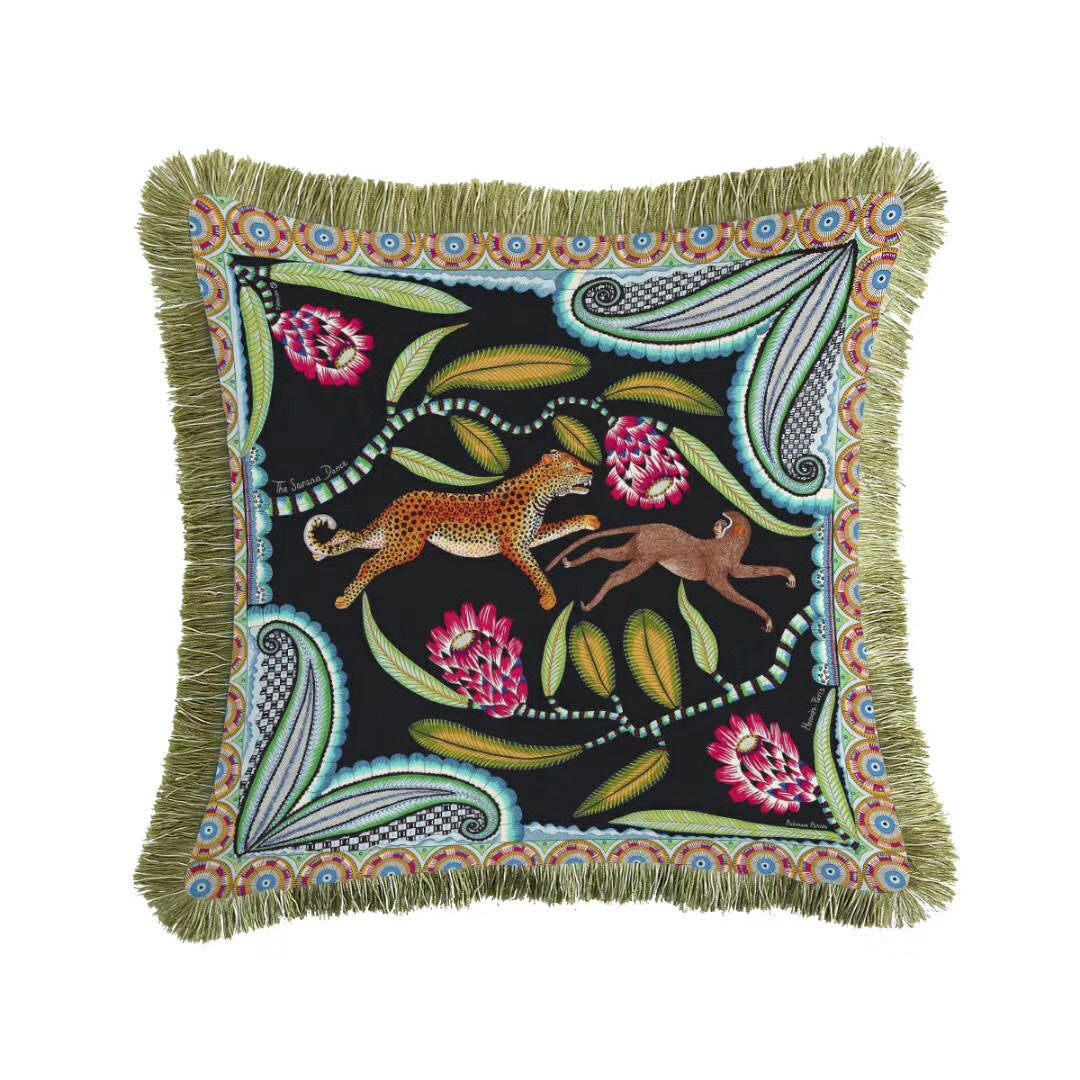 Art Leopard and Monkey Printed Tassel Sofa Throw Pillow, Luxe European