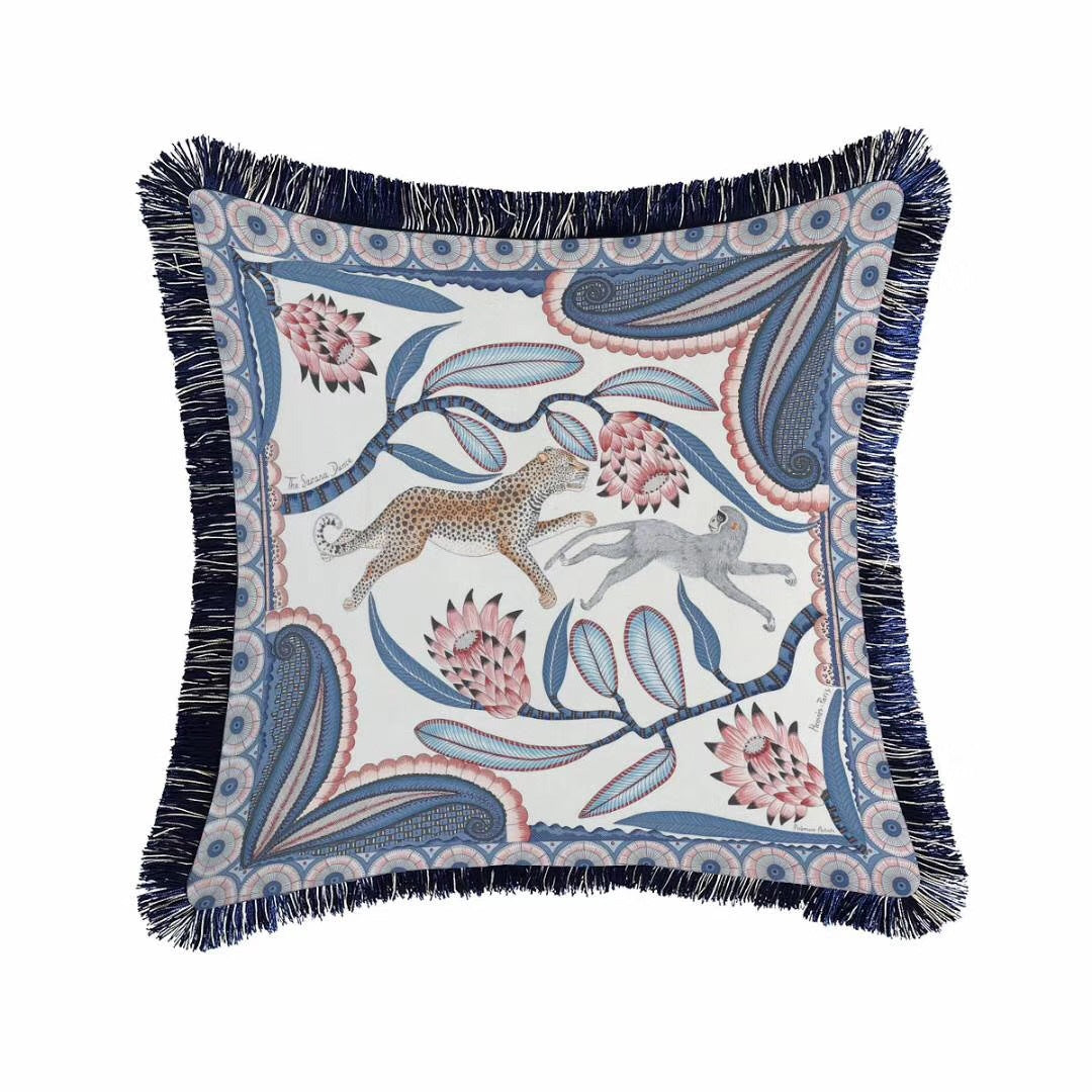 Art Leopard and Monkey Printed Tassel Sofa Throw Pillow, Luxe European