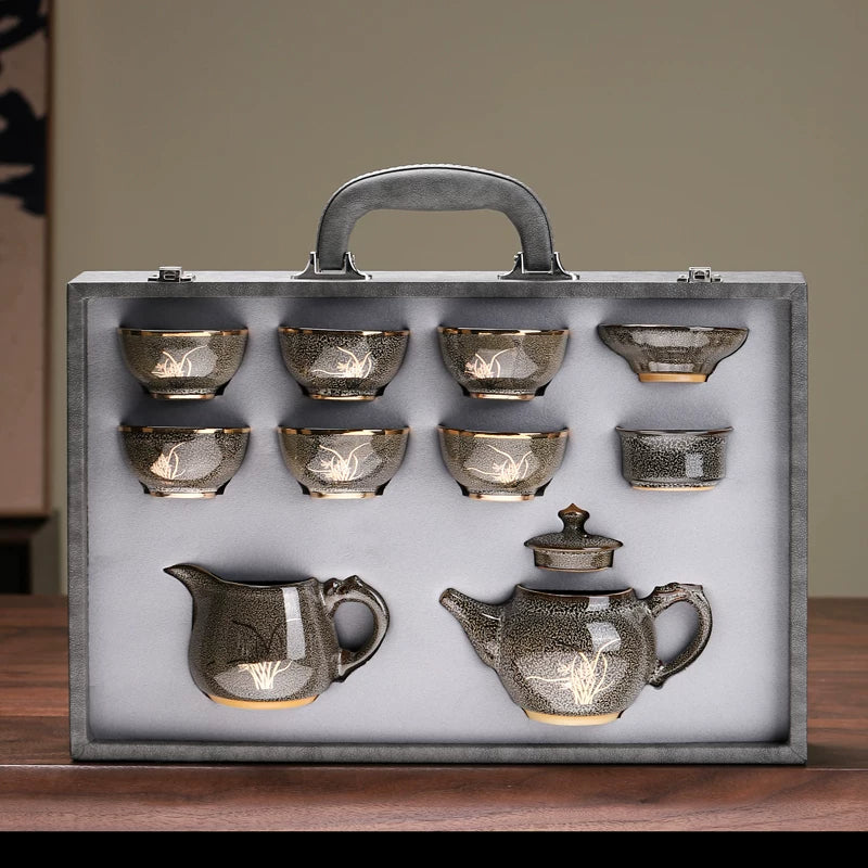 Jian Ware Tea Set with Gold Bamboo