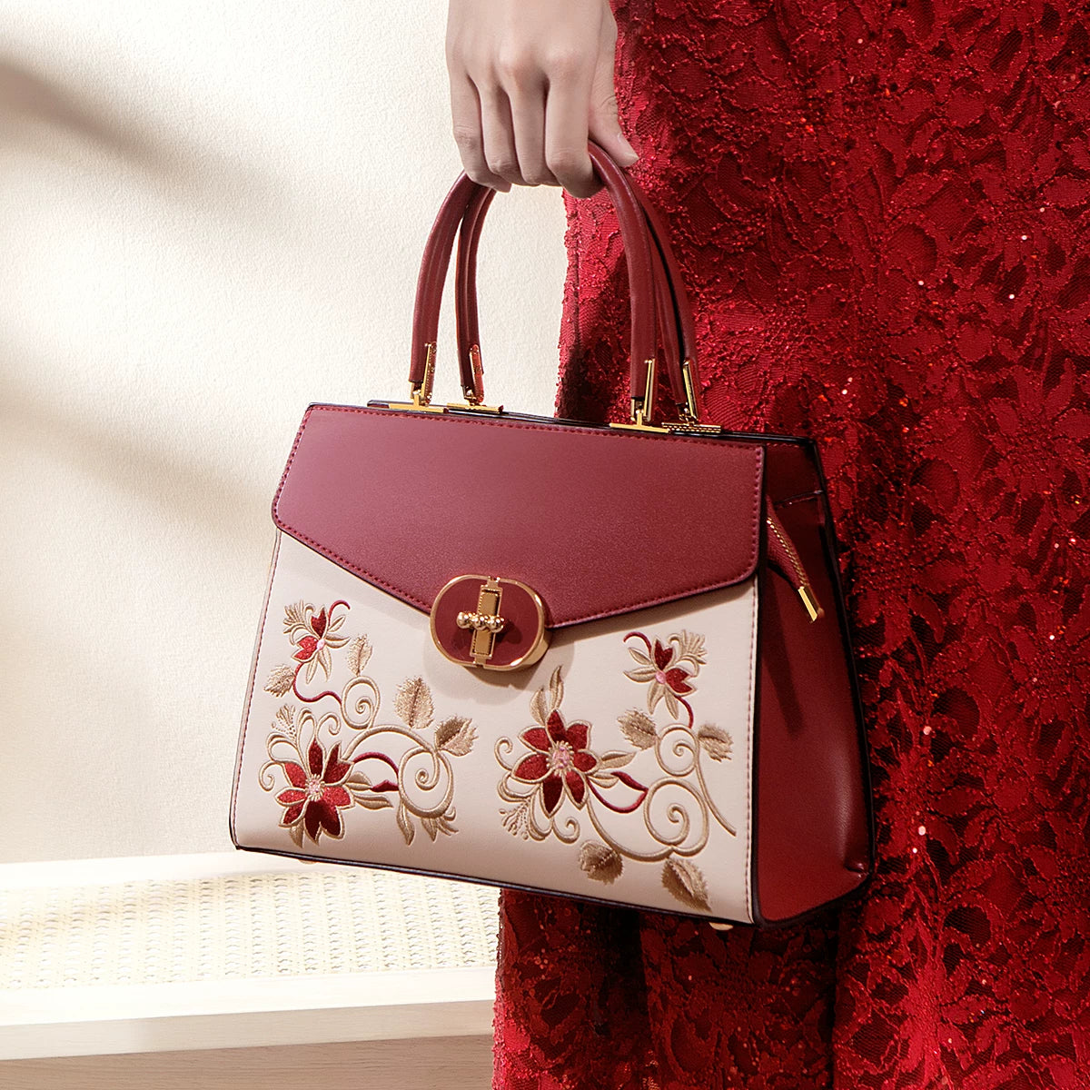Large Red and White Embroidered Handbag