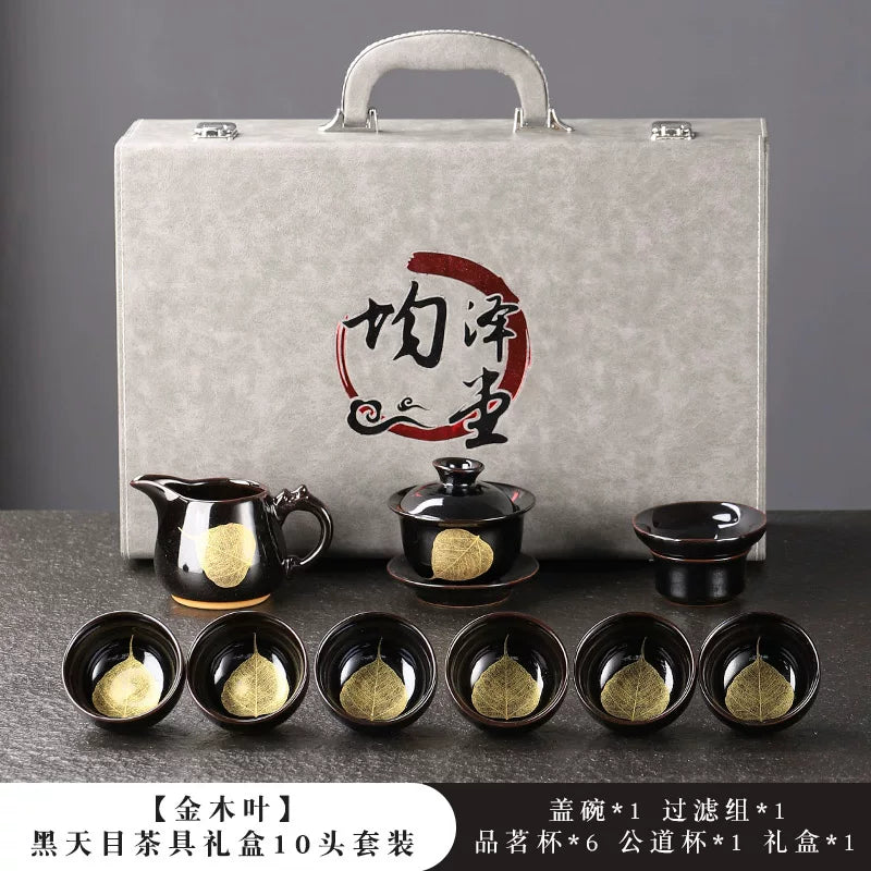 Black Tenmoku Gold Leaf Tea Set