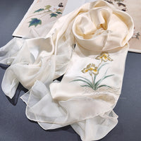 Hand-Embroidered Silk Chiffon Long Scarf