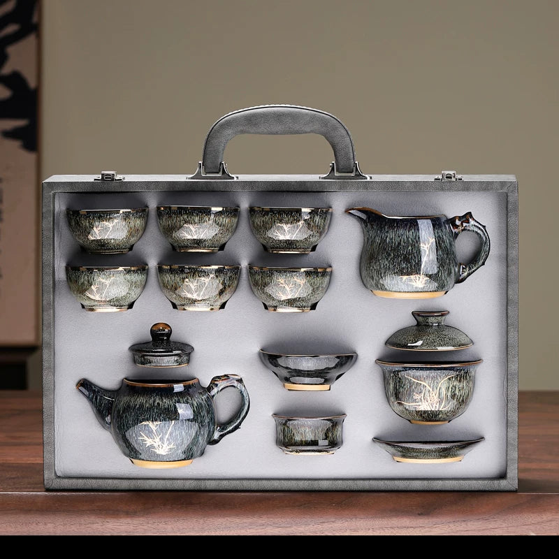 Jian Ware Tea Set with Gold Bamboo