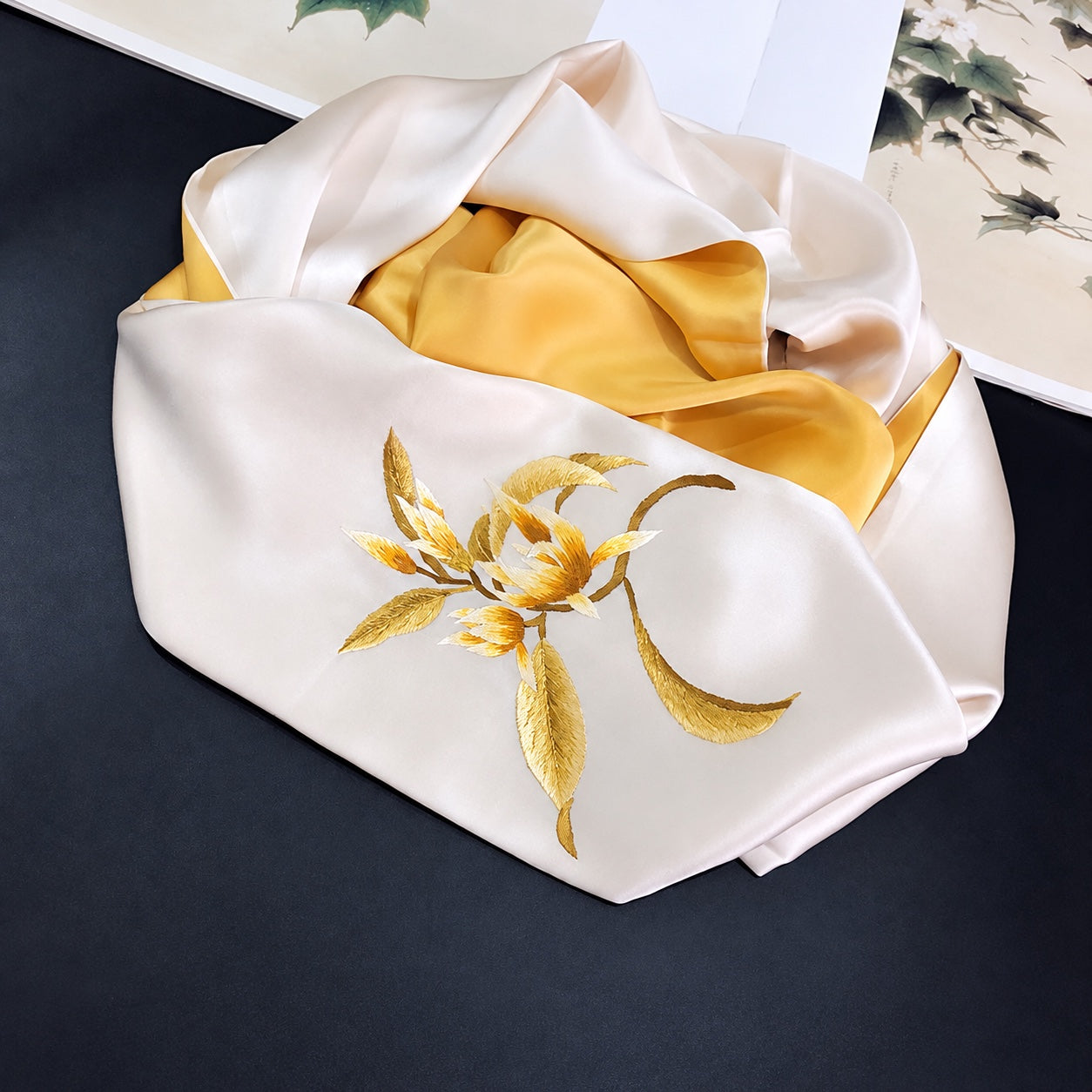 Su Embroidered Mulberry Silk Scarf, 155cm