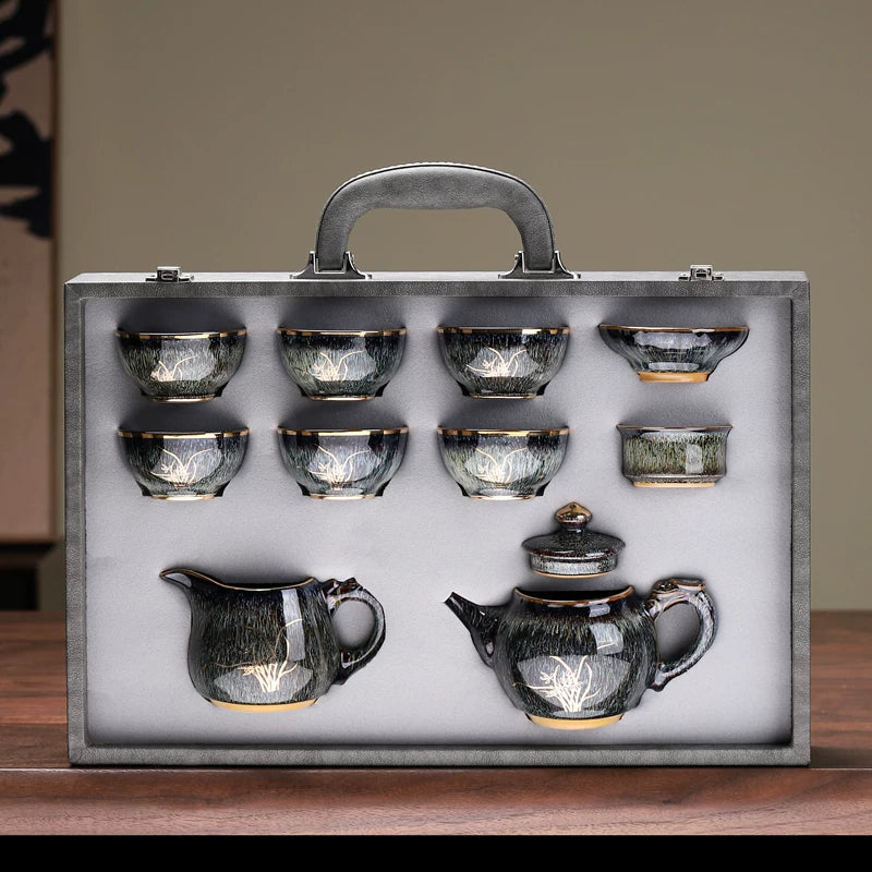 Jian Ware Tea Set with Gold Bamboo