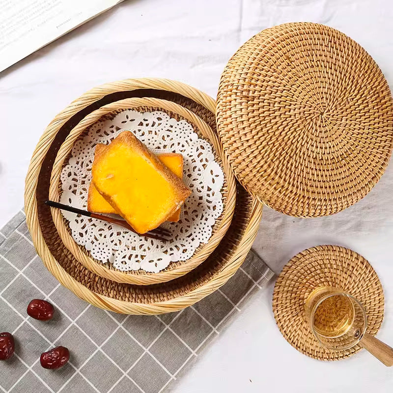 Shallow Round Rattan Tray