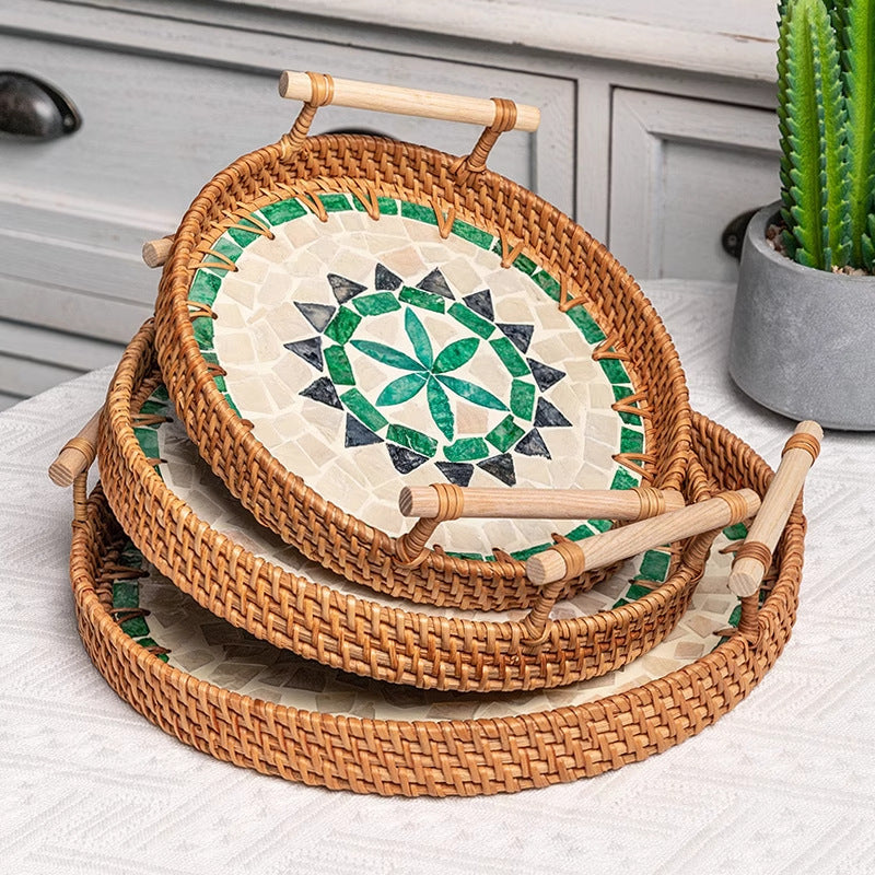 Rattan & Shell Inlay Serving Tray