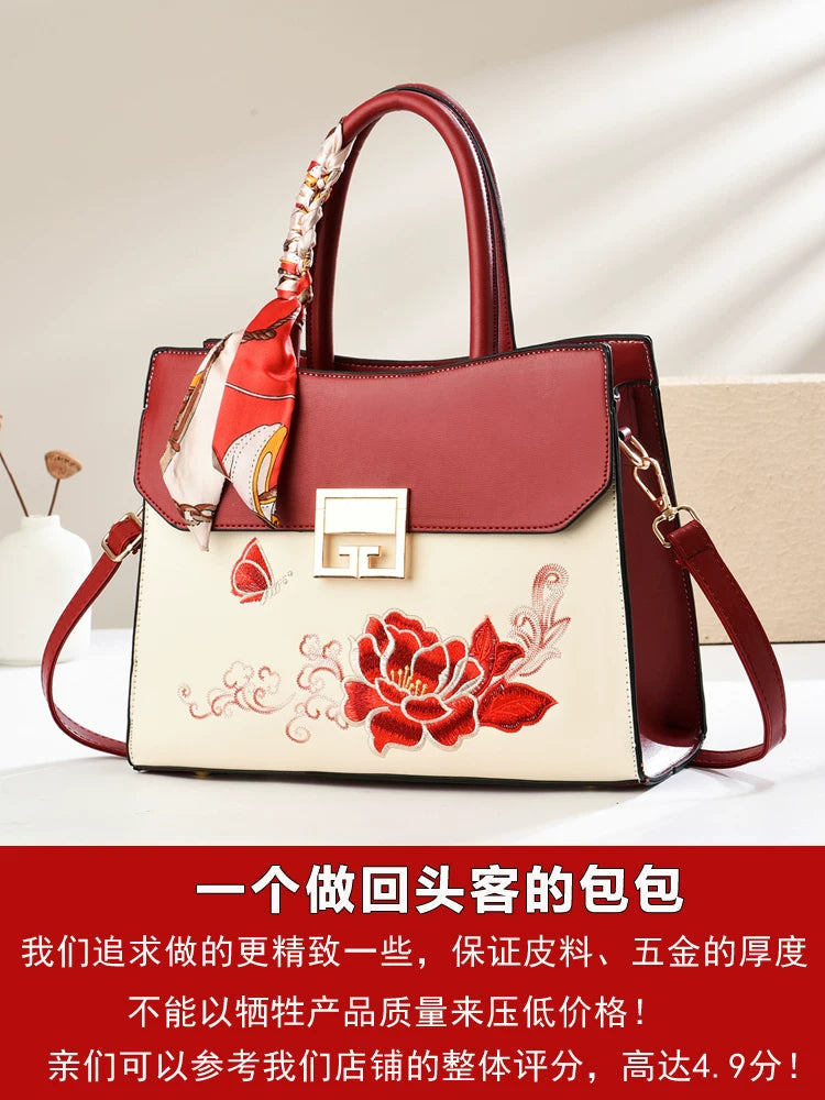 Large Embroidered Handbag in Blue or Burgundy