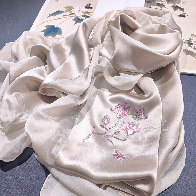 Hand-Embroidered Silk Chiffon Long Scarf