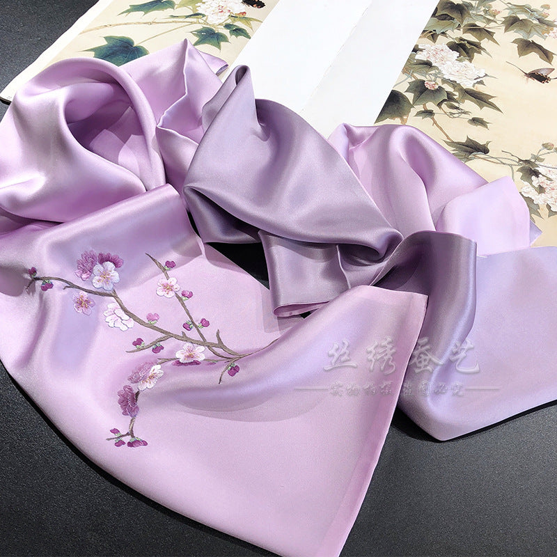 Hand Embroidered Silk Scarf, Blue Tones