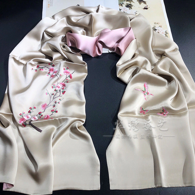 Peach Blossom Su Embroidered Silk Scarf