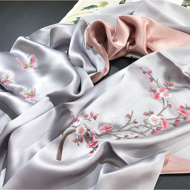 Peach Blossom Su Embroidered Silk Scarf