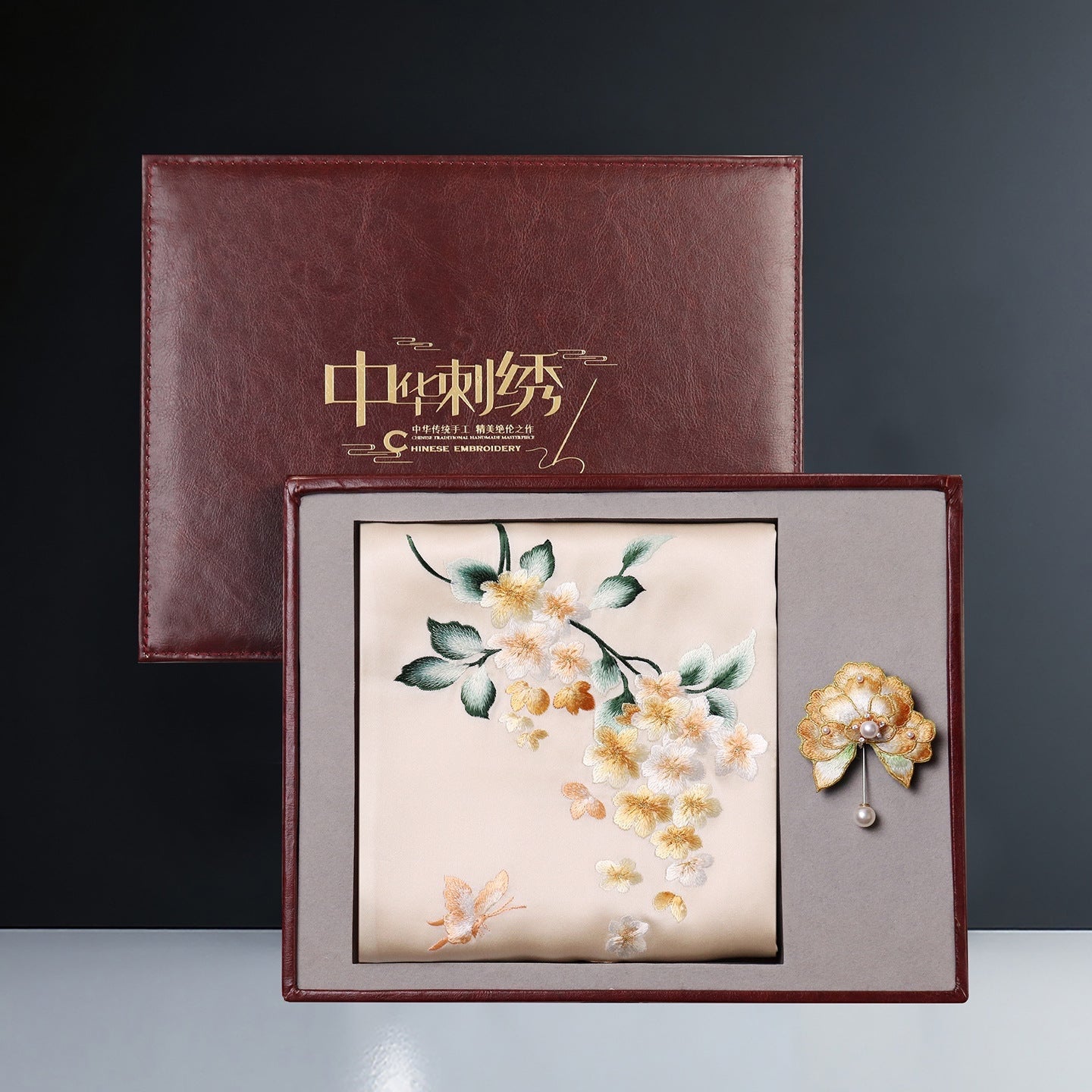 Embroidered Mulberry Silk Scarf and Brooch Set