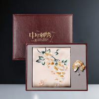 Embroidered Mulberry Silk Scarf and Brooch Set
