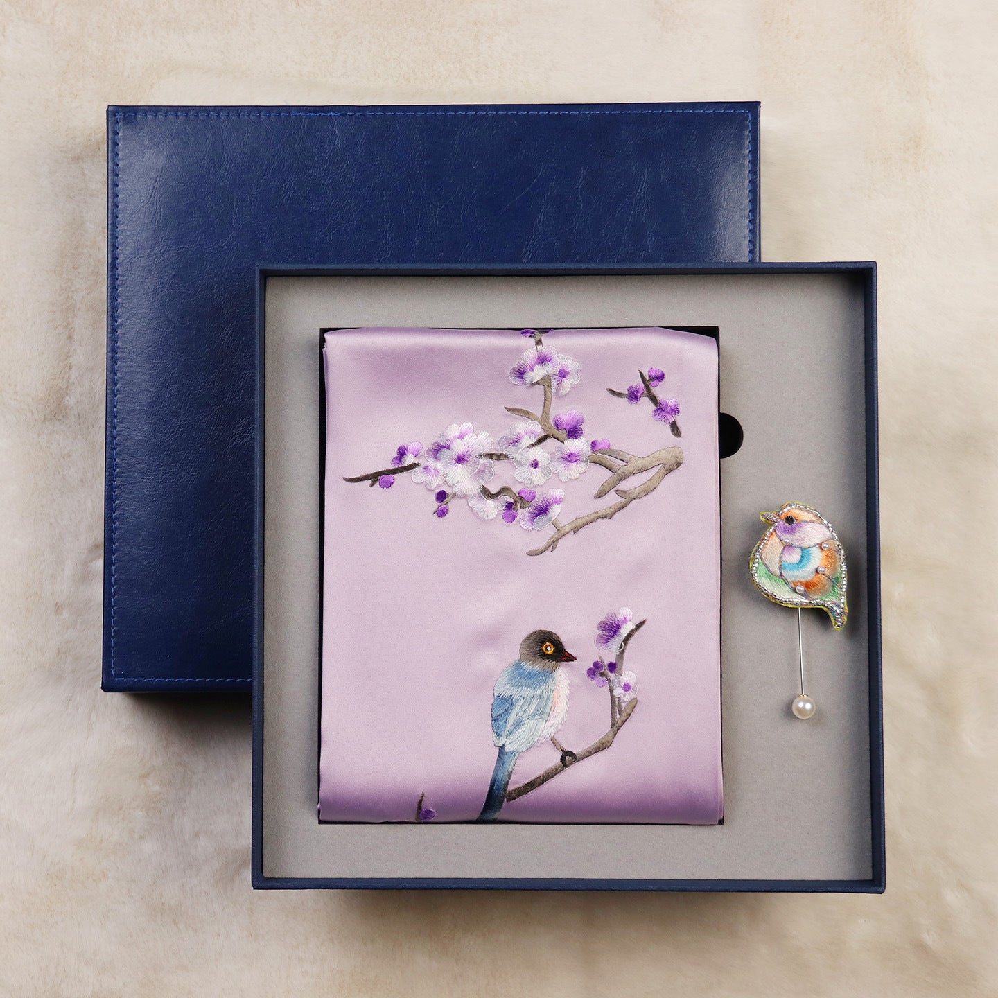 Magpie and Plum Silk Scarf with Brooch