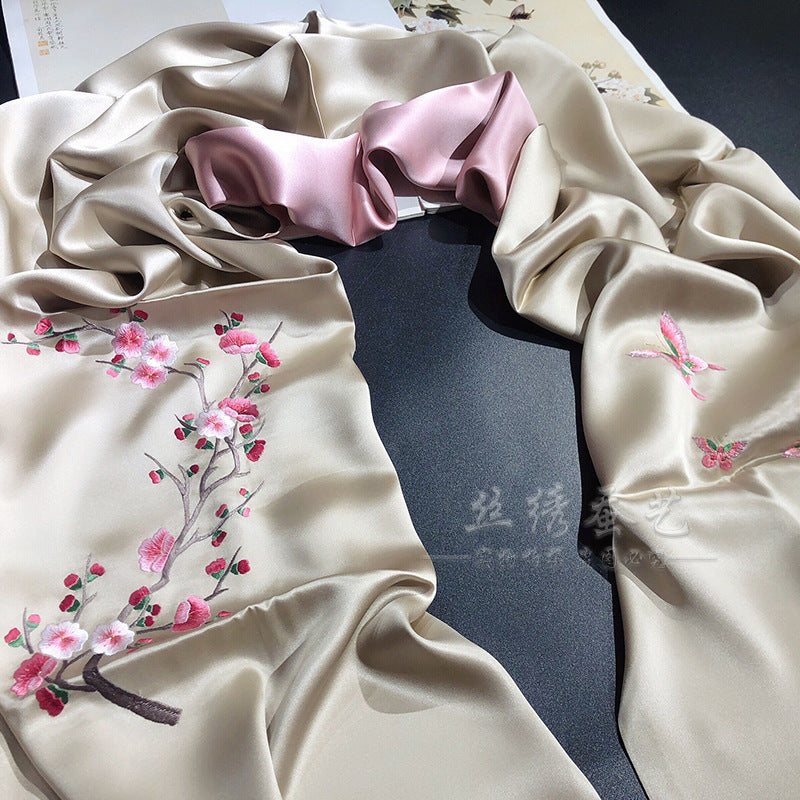 Peach Blossom Su Embroidered Silk Scarf