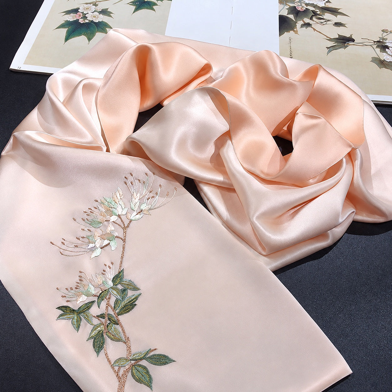 Hand Embroidered Mulberry Silk Scarf, Pastel