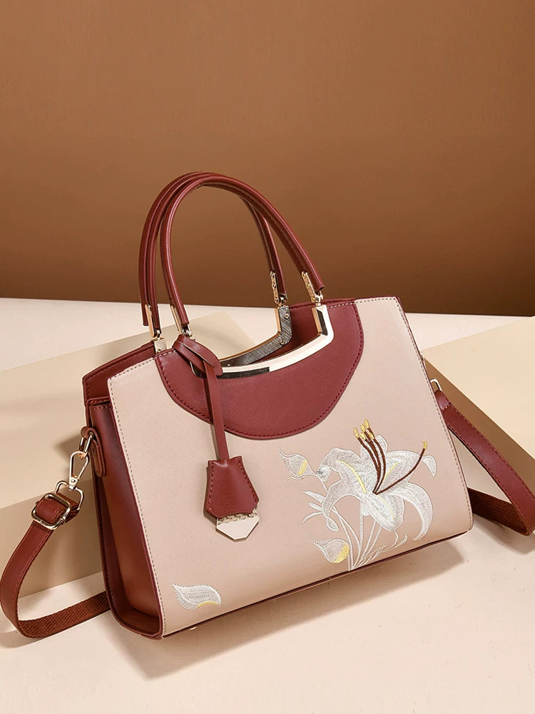 Brown Embroidered Crossbody Handbag