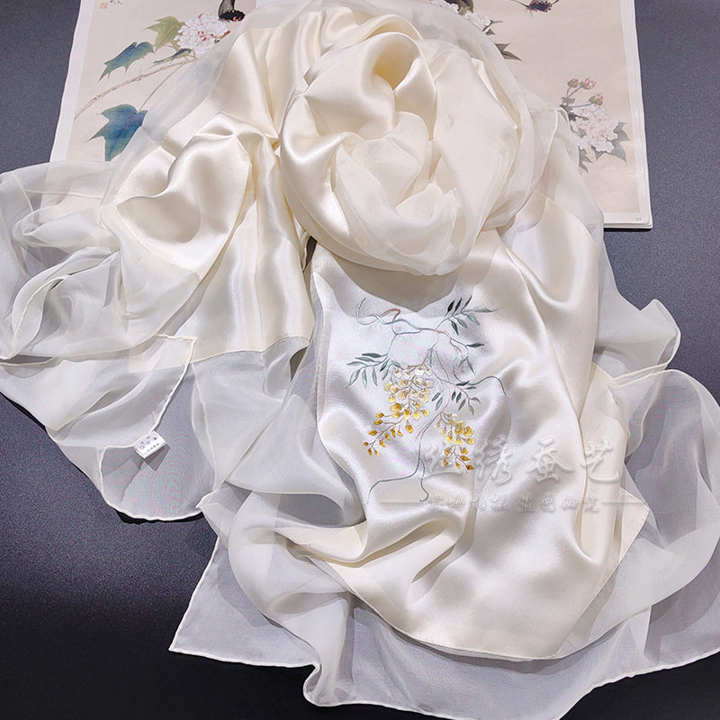 Hand-Embroidered Silk Chiffon Long Scarf