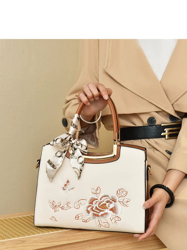 Three-Compartment Embroidered Handbag