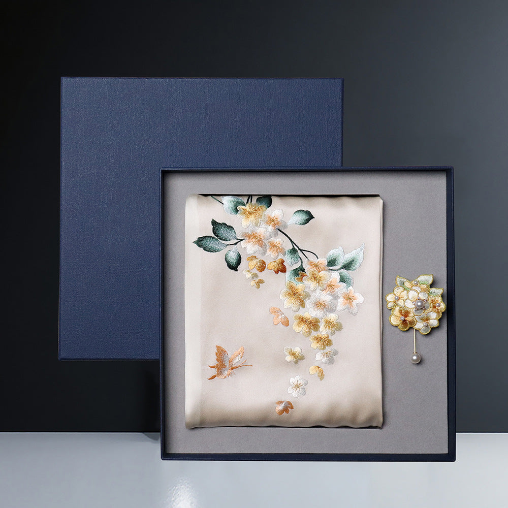Embroidered Mulberry Silk Scarf and Brooch Set