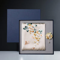 Embroidered Mulberry Silk Scarf and Brooch Set