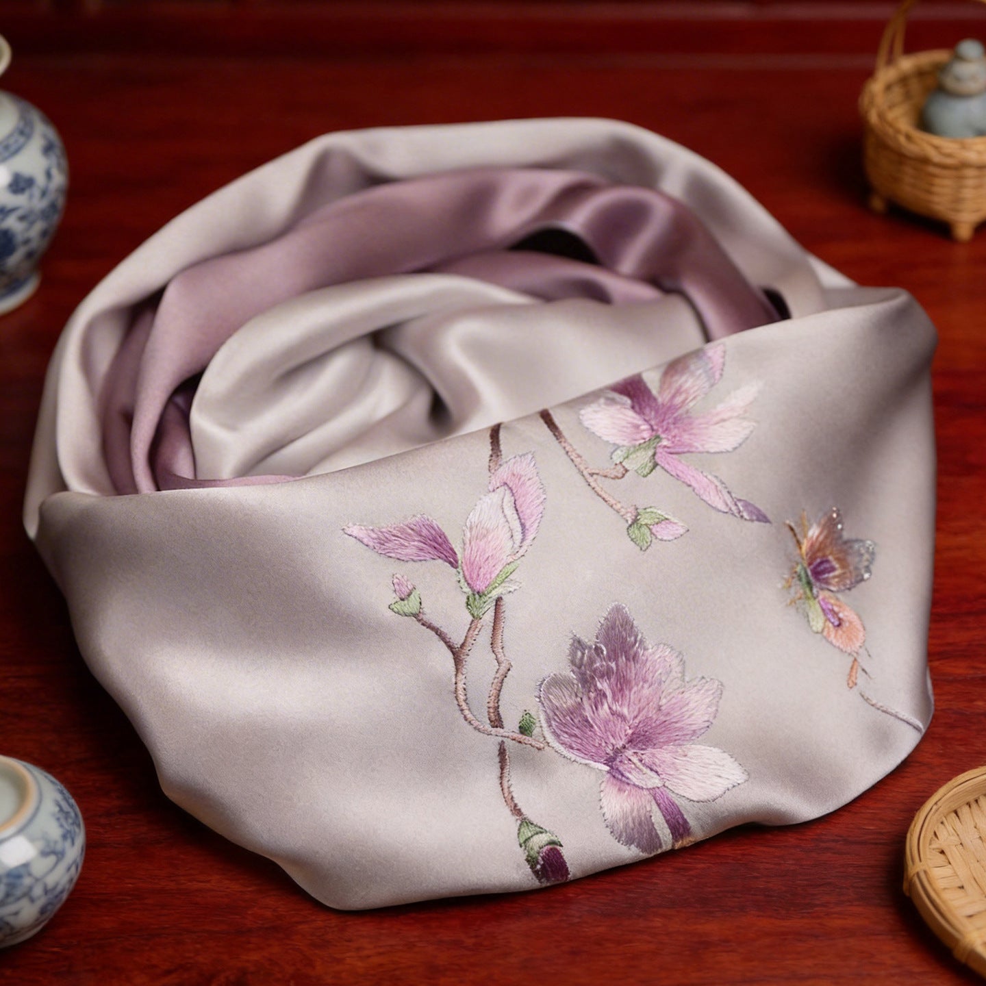 100% Mulberry Silk Su Embroidery Long Scarf