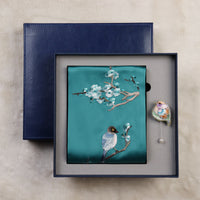 Magpie and Plum Silk Scarf with Brooch