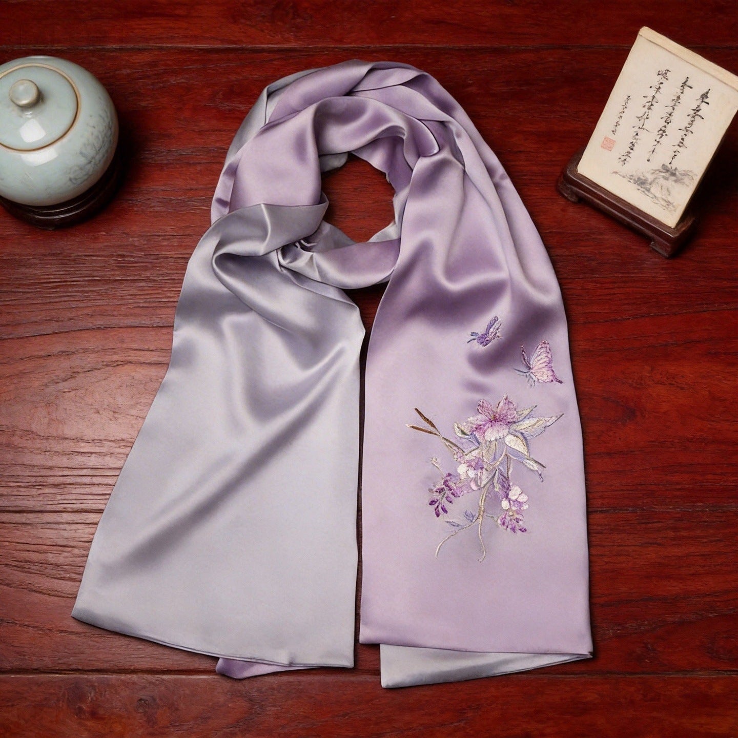 100% Mulberry Silk Su Embroidery Long Scarf