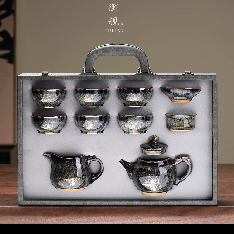 Jian Ware Tea Set with Gold Bamboo