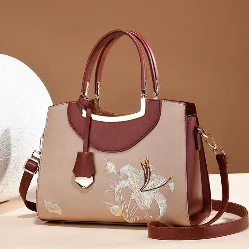 Brown Embroidered Crossbody Handbag