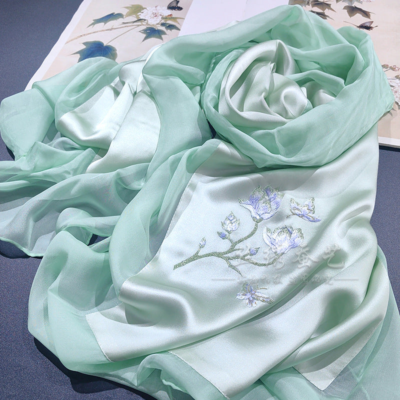 Hand-Embroidered Silk Chiffon Long Scarf